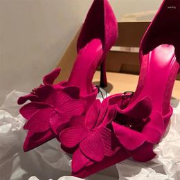 Dress Shoes Rose Red Flower High Heels Women 2024Autumn Pointed Sexy Single Shoe French Elegant Slim Sandalias De Mujer