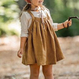 Retro Girl's Adjustable Straps Linen Puffy Skirt Autumn French Cotton And Casual Loose Kids Princess Dresses 240126
