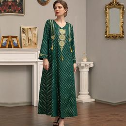 Ethnic Clothing Autumn Fashion Satin Party Dress Robe Abaya Muslim Women High Waist Printed Vintage Embroidery Maxi 2855