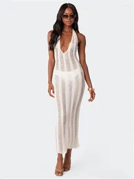 Casual Dresses WJFZQM Women Deep V Neck Knitted Hollow Out Beach Dress Sleeveless Sexy Club Party Elegant White 2024 Summer