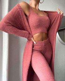 Designer women's clothing new sexy V-neck plush short vest pants three piece suit women Fashion casual pants women's tank top and jacket High end outerwearNIB7
