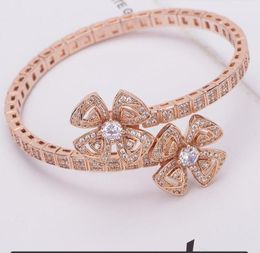 Gold Silver New Eternal Petal Bangle with Zircon Fashion Modern Jewellery Female Spring Snake Bone Hollow Double Flower Open Bracelet Ring