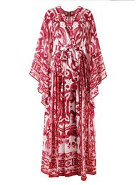 Chiffon Silk Women Dress Three Quarter Flying Sleeve V Neck Party Vacation Long Vestidos Fashion Red Porcelain Printing