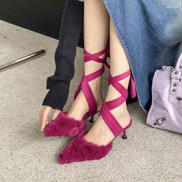 Sandals ZOOKERLIN Pointed Stiletto Hair Ankle Strap Women Autumn Solid Color Sexy Party Woman Shoes Cross Fur