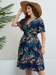 Plus Size Floral Print Wrapped V-Neck Women Dresses Short Ruffle Sleeves A-Line Bohemia Robe Casual Lady Vacation Clothing 240129