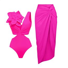 2024 Swimsuit Women Swimwear with Beach Skirt V Neck Bathing Suit Flower Beachwear Monokini Swim Summer 240131