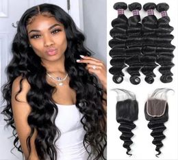 Allove Virgin Human Hair Bundles Wefts With Lace Closure Water Peruvian Loose Deep Wave Curly Body Straight Weave Extensions for W4194928