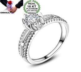 OMHXZJ Whole Personality Fashion OL Woman Girl Party Wedding Gift Luxury Lotus Flower Zircon 18KT White Gold Ring RN891774932