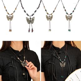 Chains Vintage Wax Rope Handmade Ceramics Beads Butterfly Pendant Necklace For Lovers Women Sweater Chain Aesthetic Jewelry