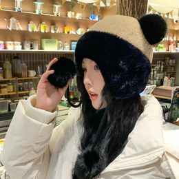 Berets Autumn And Winter Ear Plush Warm Cute Knitted Outdoor Cold-proof Pullover Hat