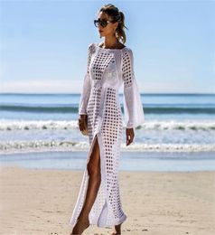 2019 Sexy White Crochet Bikini CoversUp Beach Coat Swimsuit CoverUps Long Beachwear Knitted Bikini Cover Up Pareo Beach Dress5429061