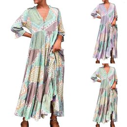 Casual Dresses Women's V Neck Button Down Color Block Buttoned Long Skirt Half Placket Mid Length Sleeve Top Dress For Women Midi