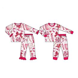 Christmas Girls Clothes Long Sleeve Pyjamas and Puff Sleeve Long Sleeve Pyjamas Set Pink Candy Pattern Milk Silk Fabric 240122