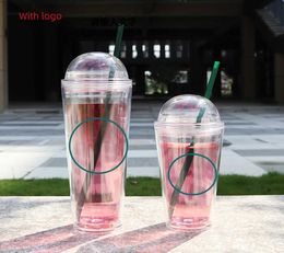 Tumblers 2023 New flat lid 710ml 24oz clear plastic double wall tumbler cup with straw with black green lid coffee mugs T240218