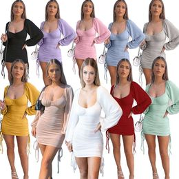 Spot LT2127 European and American Ribbed Sexy Slim Fit Drawstring Pleated Buttocks Wrapped Long Sleeved Dress womens designer clothing designer dresses for women