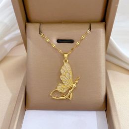 Pendant Necklaces Luxury Rhinestone Butterfly Girl Necklace Stainless Steel Collar Chain 18K Gold Plated Women Neck Jewellery Wife Daugther