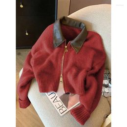 Women's Knits Autumn/Winter Womens Polo Leather Collar Double Zipper Knitted Cardigan Sweater Coat