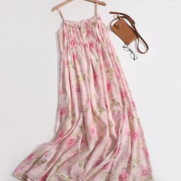 Casual Dresses Elegant Beading Rose Print Women CHiffon Dress Spaghetti Strap Loose A-Line Summer Vestidos Glossy Female Knee Length Beach