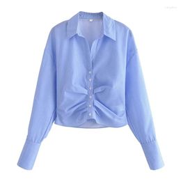 Women's Blouses Summer Lapel Long Sleeve Fashion Casual Folds Shirt Striped Poplin Single Breasted Top