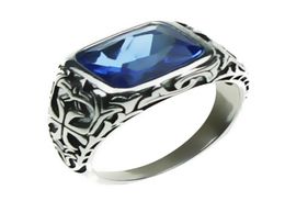 Real Pure 925 Sterling Silver Rings For Men Blue Natural Crystal Stone Mens Ring Vintage Hollow Engraved Flower Fine Jewellery Y18919463307