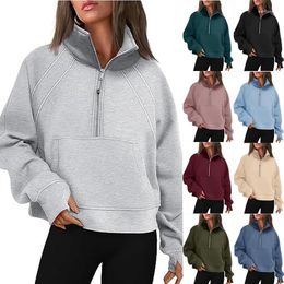 Women's Hoodies Women Trendy Half Zipper Solid Casual Streetwear Hooded Sweatshirts Female Loose Long Sleeve Thick Pullover 2024