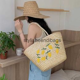 Shoulder Bags New Straw Woven Bag Lemon Fruit Embroidery Handwoven Bag Womens Versatile One Shoulder Portable Beach Resort BagH24218