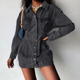 Casual Dresses Womens Classic Blue V Collar Long Sleeve Denim Dress Retro