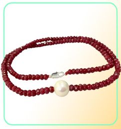 Handmade 910mm white freshwater pearl 2x4mm red jade faceted necklace long 45cm 4pclot3685802