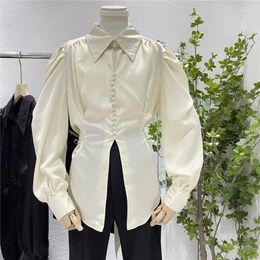 Women's Blouses Women Puff Sleeves Slit Blouse Office Lady Solid Long Sleeve Forking Shirt 2024 Spring Autumn Simple Elegant Gentle Top