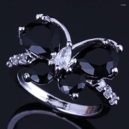 Cluster Rings Rare Butterfly Black Cubic Zirconia White CZ Silver Plated Ring V0462