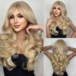 Natural Blonde Yellow Long Wavy Synthetic Hair Wigs with Bangs Women Body Wave Afro Female Cosplay Daily 240127