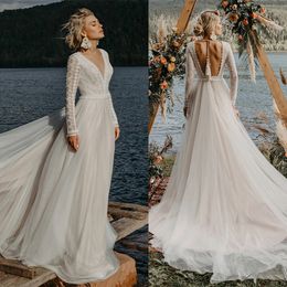 Modern Bohemian Wedding Bridal Bowns V Neck Long Sleeve Backless Lace Bride Dresses Custom Made Plus Size Size