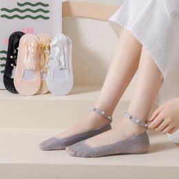 Women Socks Short Breathable Invisible Soild Colour Comfortable Mesh Imitation Pearls Boat Sock Slippers Hollow Lace