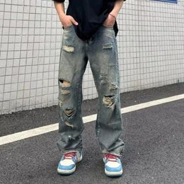 Men's Jeans Hip Hop Denim Pants Style Streetwear Ripped Hole Wide Leg With Multi Pockets Distressed For Casual