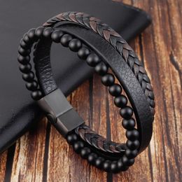 bangle Fashion Natural stone Magnetic button leather braided bracelet men039s titanium steel jewelry Nice gift8468176