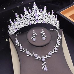 Purple Crown Jewelry Sets Bridal Tiara Wedding Jewellry Sets Prom Birthday Tiaras Flower Choker Necklace Sets Accessories 240119