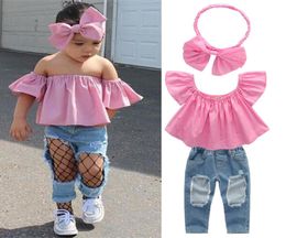 Summer baby girl kids clothes Set pink topRipped Jeans Denim pantsbows Headband 3 pcs sets Kids Designer Clothes Girls JY3454779010