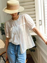 Women's Blouses Elegant Chic Summer Blouse Shirt French Style Embroidery Hollow Out Sheer Sexy Holiday Women Casual Tops