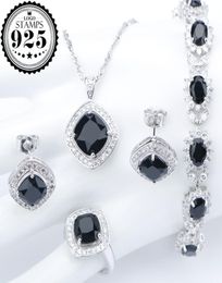 Argento 925 Costume da sposa Set di gioielli con zirconi neri per donne Bracciali Orecchini Anelli Collana con ciondolo Set Gioielli Confezione regalo3459326