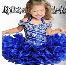 2022 Cute Royal Blue Cupcake Toddler Kids Girls Pageant Dresses Ball Gowns Off Shoulder Beaded Organza Mini Short Girl Dresses for9051055