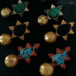 Dangle Earrings Exquisite Natural Agate Turquoise Ball Vintage Light Luxury Jewellery Women's Mediaeval Ear Pendant Japanese Korean Ins