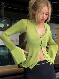 Women's Blouses Green Long Sleeve Shirts Women Single Breasted Cardigan Autumn Spring Clothes Solid Black Shirt Streetwear Y2K Top