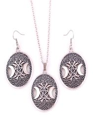 Gold Triple Moon Goddess Wicca Pentagram Magic Amulet Pendant Women Tree Moon Necklaces Earring Set Jewelry4644748