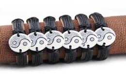 Whole 12pcsLOT Imitation Yak Bone Carved Tai Chi Yin Yang Pendants Leather Bracelets Wrap Hemp Bangle Lucky Gift MB11986695095506398