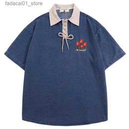 Men's Polos Flower Embroidery Denim Shirts Short Sleeve Mens Summer Retro Casual Spliced Lapel Loose Vintage Harajuku Shirts Men Streetwear Q240218