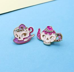 New Cartoon Skull Tea Cup Kettle Brooches Skeleton White Purple Cute Pins Metal Fashion Jewellery For Women Men Lapel Denim Jack7204664