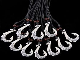 Fashion Jewellery Whole lot 12pcs cool Simulation Bone Carved White Hawaiian Maori Fish Hook Pendant Amulet Necklace drop shippi9004452