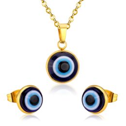 Turkish Blue Kit Evil Eyes Pendant Necklaces Stud Earrings Jewellery Sets 14k Yellow Gold Witchcraft Party Gift Fashion