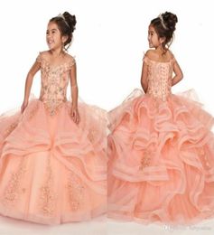 Tier Ruffles Coral Girl Pageant Dresses New Off the Shoulder Corset Back Flower Girl Dresses Beads Crystals For Teens Birthday Par1641201