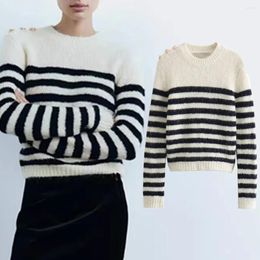 Women's Sweaters Withered Gold Buttons On Knitwear Shoulder Women Casual Tops Fashion Navy Striped Winter